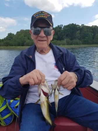 George C. somehow managed to catch 2 bass simultaneously on a worm rigged with a single octopus hook.  Very, very unusual.  June 2018.