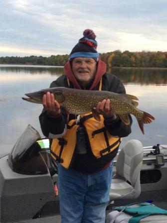 Dave R. with a 34.5 inch, 10 pound northern pike he caught and released at Benoit Lake, Burnett County, Wisconsin.  Rainbow Bay Resort, October 5, 2018.