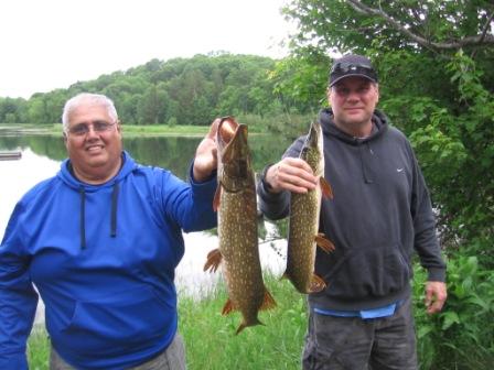 Alfred R. and Vic R. with 27 and 25 inch pike they caught in Benoit Lake, June, 2016.