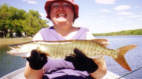 Mary C. with a Benoit musky she caught and released, 2004.  Probably a fish stocked a couple of years earlier.  
