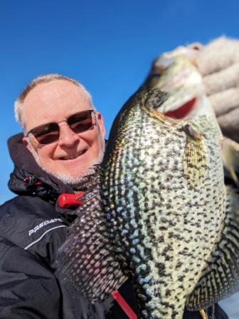 I caught and released my personal-best crappie (14.5 inches) on Benoit Lake, Burnett County, Wisconsin; February 2024.